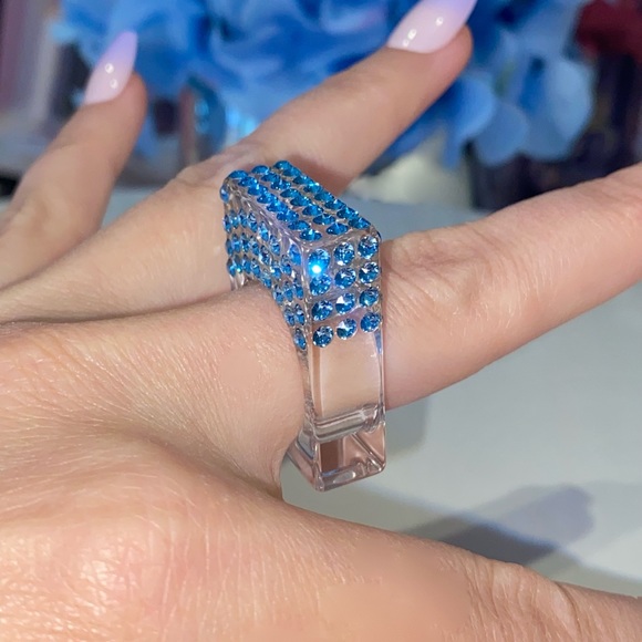 Acrylic Ring • Geometric Ring • Blue Swarovski Crystals • One Of A Kind Ring - Picture 3 of 13